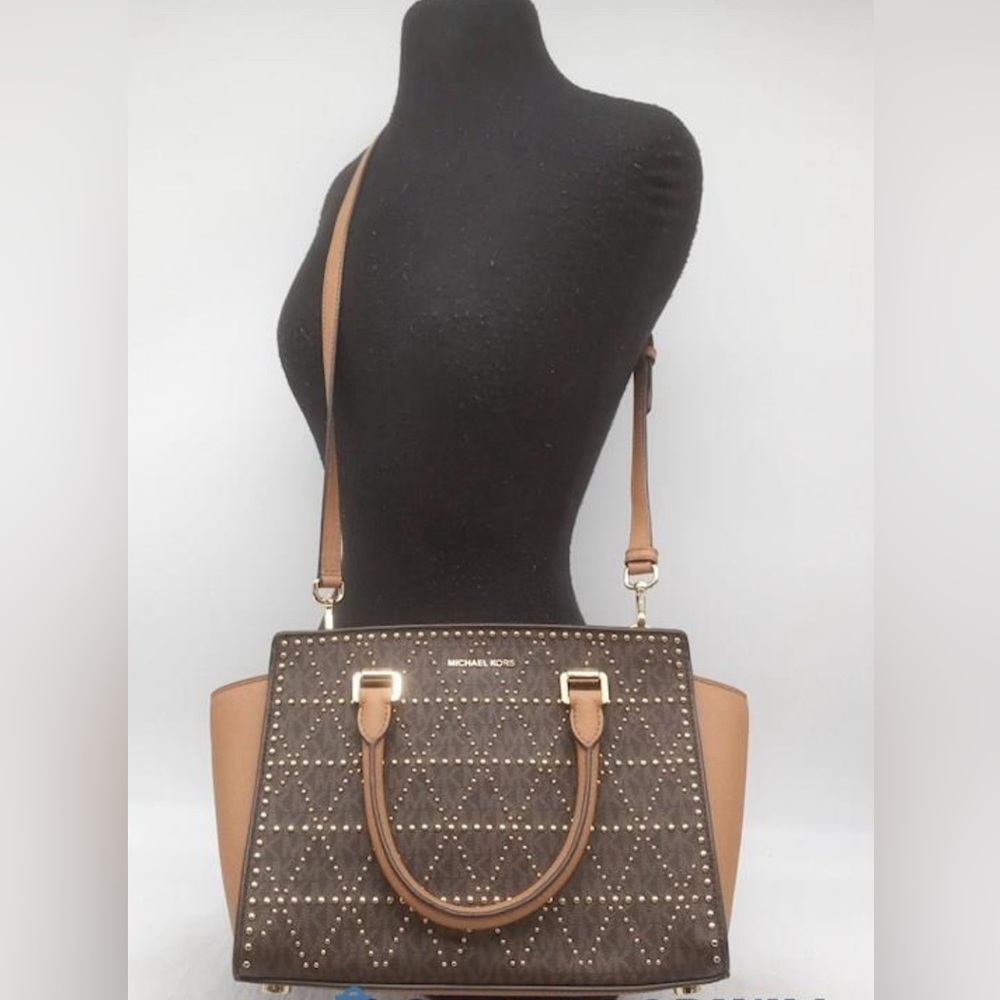 Michael Kors Brown Leather Pyramid Quilt Studded Selma Satchel